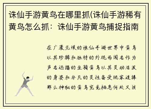 诛仙手游黄鸟在哪里抓(诛仙手游稀有黄鸟怎么抓：诛仙手游黄鸟捕捉指南：秘境栖息地大揭秘)